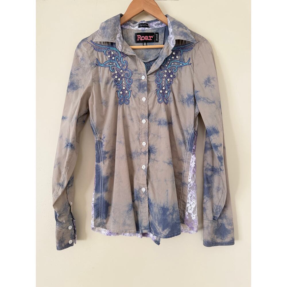 Roar Destined Western Button‎ Shirt M Rhinestone Embellished Embroidered Bling